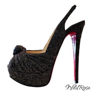 Christian Louboutin Jenny Black/Gold Glitter York Knotted Slingback Pumps 38